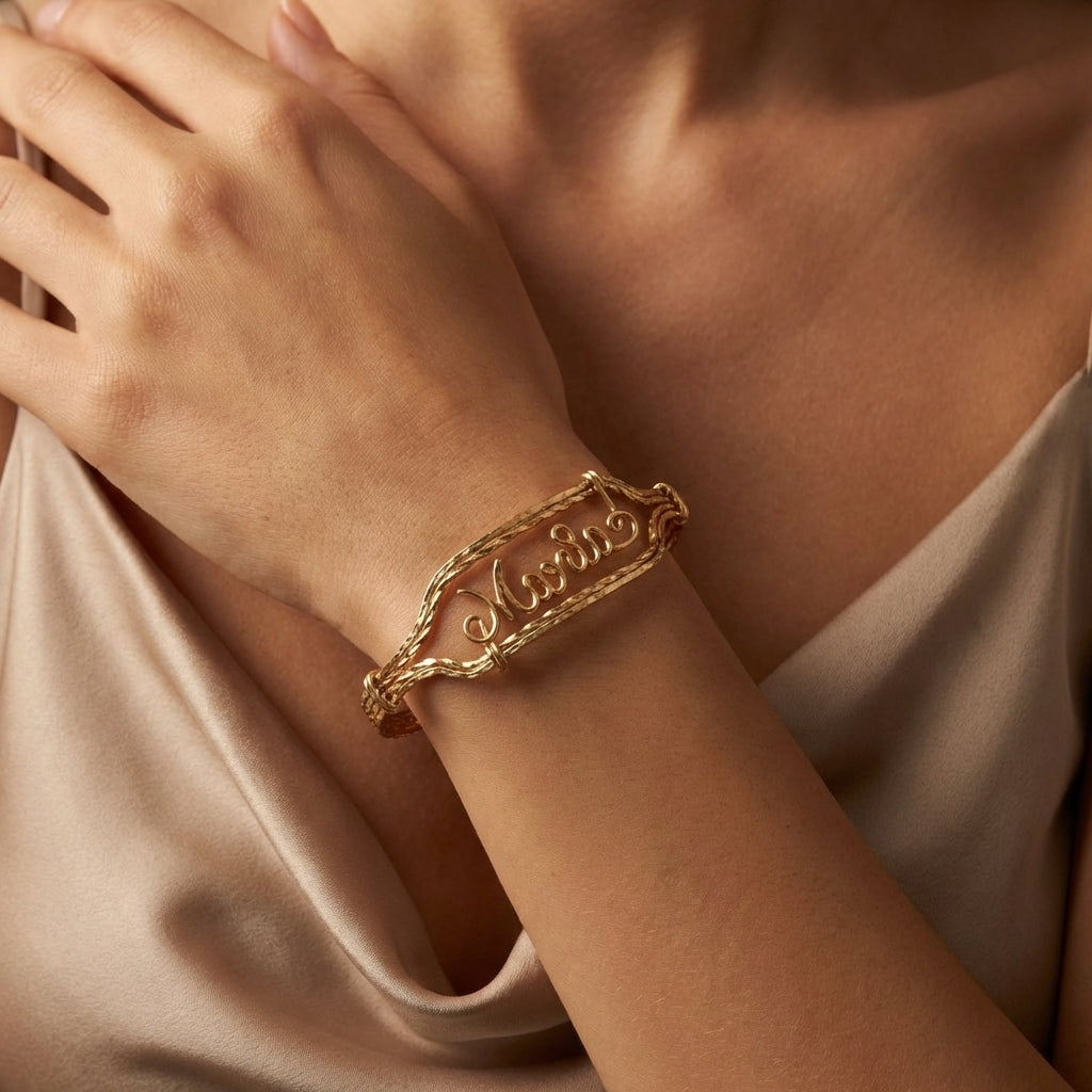 elegant 14K gold-filled custom nameplate bracelet personalized with names.