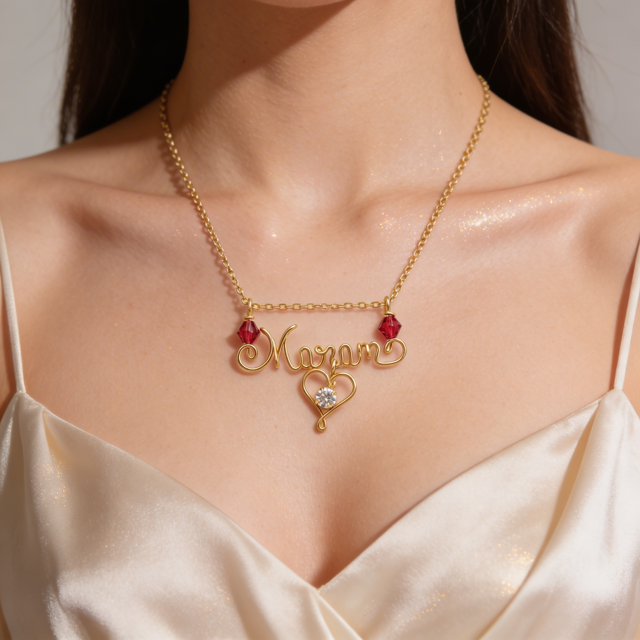 gold necklace with name pendant and crystal birthstones. 