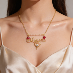gold necklace with name pendant and crystal birthstones. 